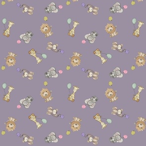 Baby Animals with Balloons on Purple