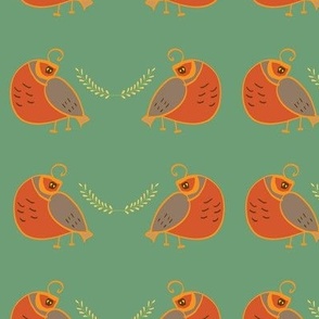 Flirting Quail in Rust and Green