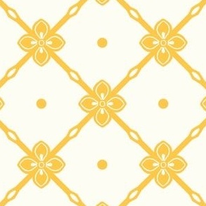 Yellow gold  diagonal garden trellis with simple geometric flower on natural white