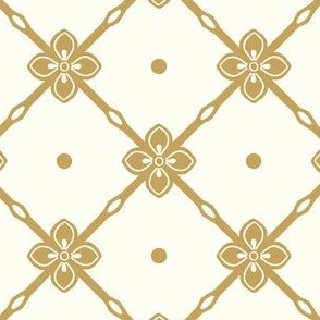 Antique gold diagonal garden trellis with simple geometric flower on  natural white