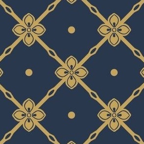 Antique gold diagonal garden trellis with simple geometric flower on  navy blue