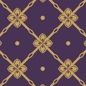 Antique gold diagonal garden trellis with simple geometric flower on  dark plum purple