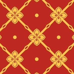 Yellow gold  diagonal garden trellis with simple geometric flower on bright poppy red