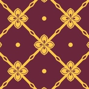 Yellow gold  diagonal garden trellis with simple geometric flower on wine red