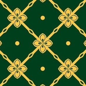 Yellow gold  diagonal garden trellis with simple geometric flower on dark emerald green