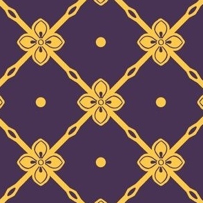 Yellow gold  diagonal garden trellis with simple geometric flower on dark plum purple