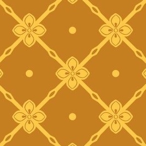 Yellow gold  diagonal garden trellis with simple geometric flower on desert sand ochre