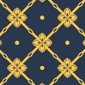 Yellow gold  diagonal garden trellis with simple geometric flower on navy blue