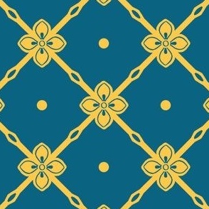 Yellow gold  diagonal garden trellis with simple geometric flower on peacock blue