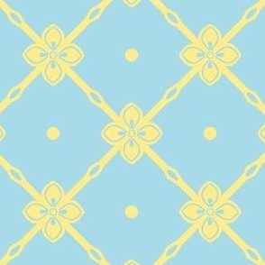 Yellow diagonal garden trellis with simple geometric flower on bright spring baby blue