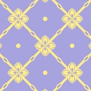 Yellow diagonal garden trellis with simple geometric flower on lilac