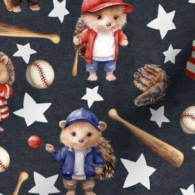 Playful Little Hedgehogs: Baseball-themed Stars Cute Kids on Dark Blue Denim