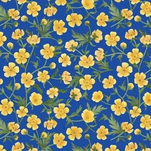 Yellow buttercups trailing floral watercolor pattern on delft blue