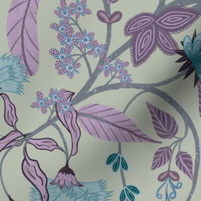 Garden Intertwined Purple blue on Grey green (Medium 24 inch repeat fabric and wallpaper)