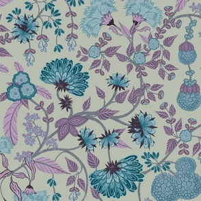 Garden Intertwined Purple blue on Grey green (Medium 24 inch repeat fabric and wallpaper)