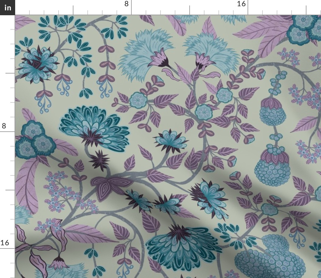 Garden Intertwined Purple blue on Grey green (Medium 24 inch repeat fabric and wallpaper)