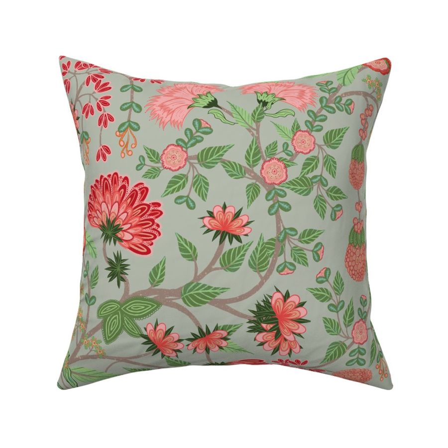 Garden Intertwined Pinks on Grey green (Medium 24 inch repeat fabric and wallpaper)