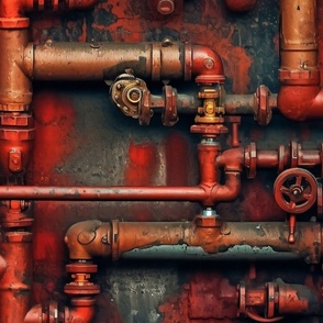 Rusty Fireman Pipes Wallpaper - Industrial Urban Loft Decor with a Distressed Rustic Charm