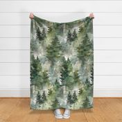  Dreamy Watercolor Evergreen Conifer Pine Tree Forest Large Wallpaper - Cabin Lodge Outdoors Inspired