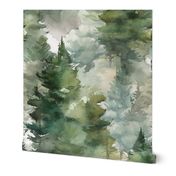  Dreamy Watercolor Evergreen Conifer Pine Tree Forest Large Wallpaper - Cabin Lodge Outdoors Inspired