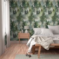  Dreamy Watercolor Evergreen Conifer Pine Tree Forest Large Wallpaper - Cabin Lodge Outdoors Inspired