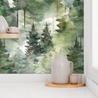  Dreamy Watercolor Evergreen Conifer Pine Tree Forest Large Wallpaper - Cabin Lodge Outdoors Inspired