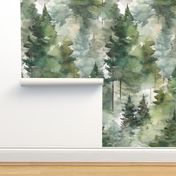  Dreamy Watercolor Evergreen Conifer Pine Tree Forest Large Wallpaper - Cabin Lodge Outdoors Inspired