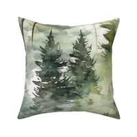  Dreamy Watercolor Evergreen Conifer Pine Tree Forest Large Wallpaper - Cabin Lodge Outdoors Inspired