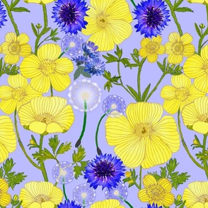 Buttercups, Dandelion Puffballs And Blue Cornflowers Garden