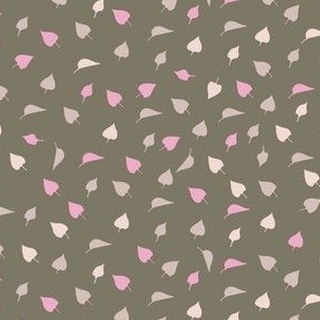 Caramel and pink fall leaves on a sage brown background - ditsy