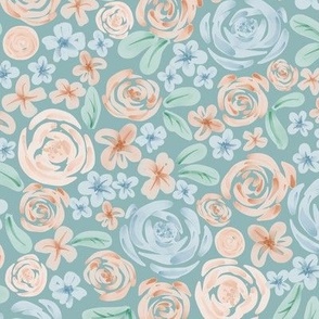 Orange and blue watercolor flowers on turquoise background