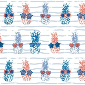 fun tropical pineapples in sunglasses on white and blue stripes - red white and blue