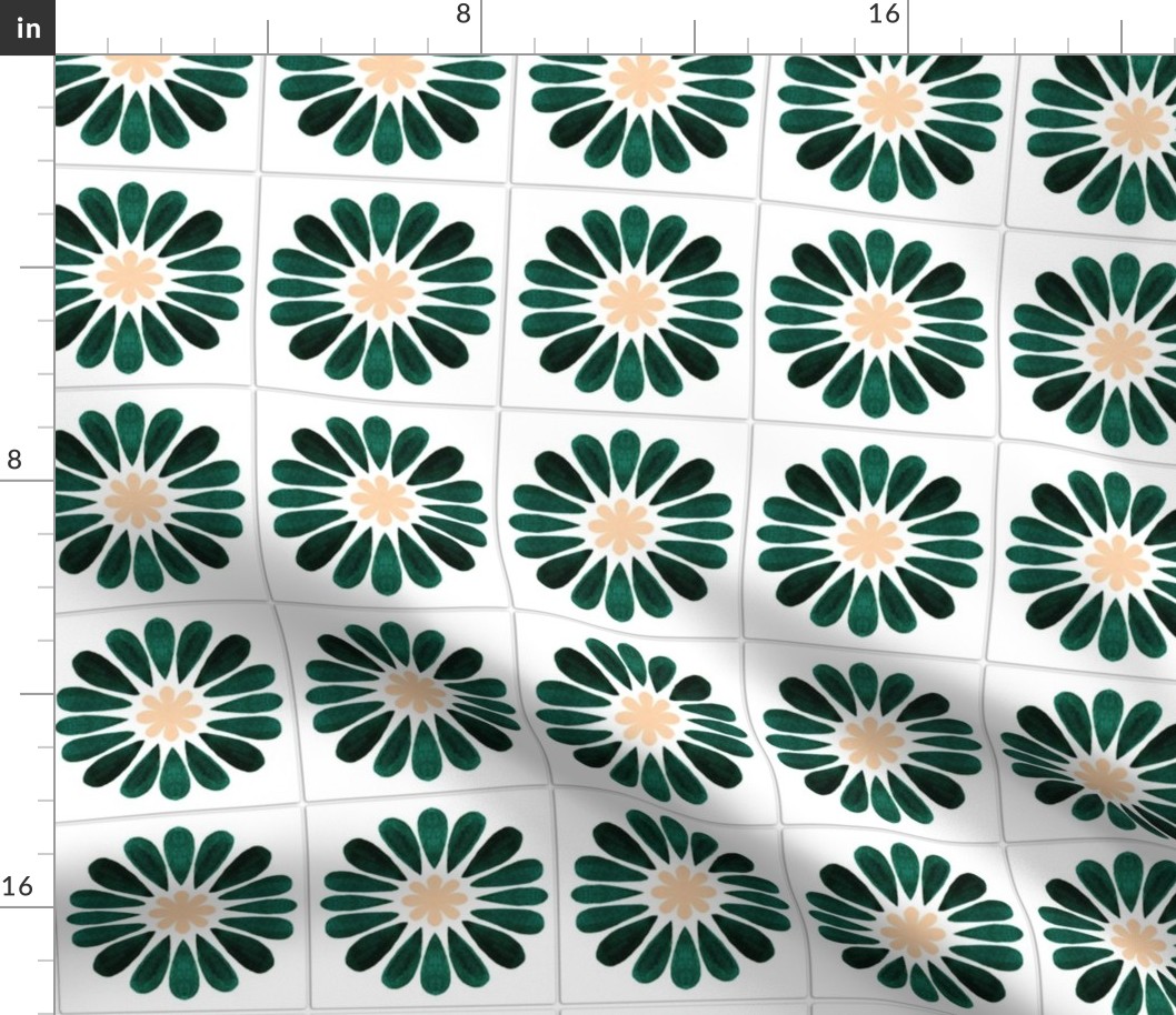 Green Daisy Flowers Emerald Watercolor Mediterranean Tiles Seamless Pattern
