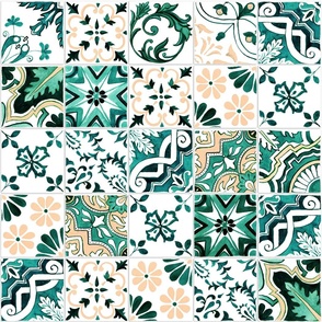 Green Emerald Watercolor Mediterranean Tiles Seamless Pattern