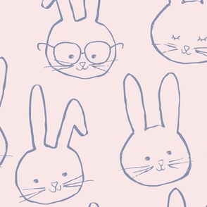 Blue Bunny Faces on Pink  Playroom Wallpaper // Jumbo Scale
