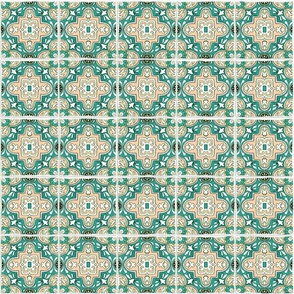 Green Emerald Floral Geometric Lace Watercolor Mediterranean Tiles with Yellow Flowers