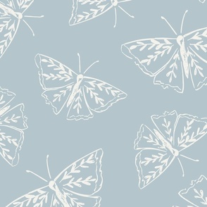 Tossed hand drawn ivory butterflies on blue wallpaper // Jumbo