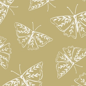 Tossed hand drawn ivory butterflies on yellow ochre wallpaper // Jumbo