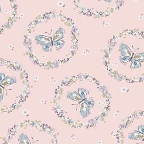 Butterflies and floral wreaths on pink nursery wallpaper // Large
