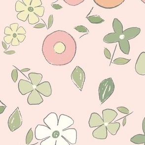 Cute ditsy floral retro flower blooms for girls pink, green, orange peach fuzz, yellow // Jumbo