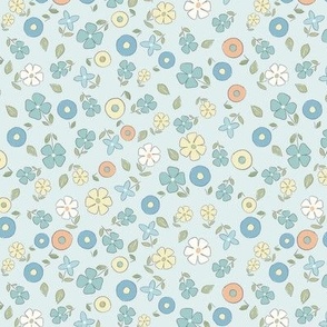 Cute ditsy floral retro flower blooms for girls blue, orange peach fuzz, yellow, white // Small