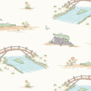 Playful gender neutral alligators nursery wallpaper and bedding