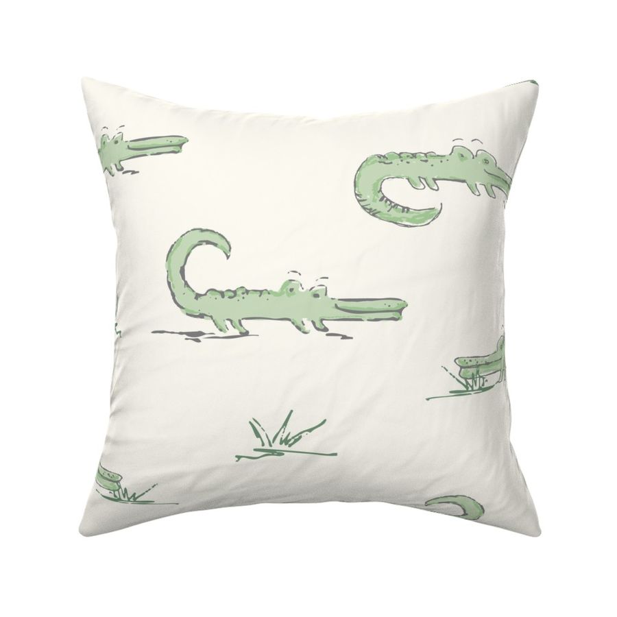 Green baby alligators on ivory for gender neutral nursery decor, wallpaper, and bedding