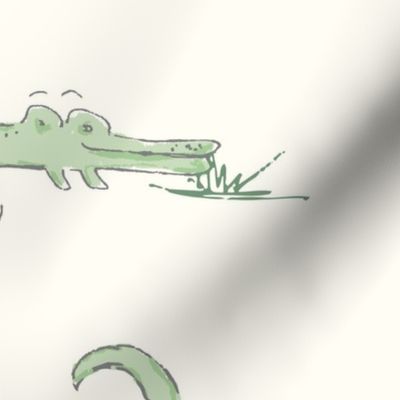 Green baby alligators on ivory for gender neutral nursery decor, wallpaper, and bedding