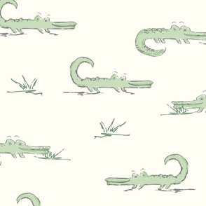 Green baby alligators on ivory for gender neutral nursery decor, wallpaper, and bedding