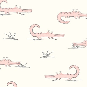 Pink baby alligators on ivory for little girls nursery decor, playroom wallpaper // Jumbo