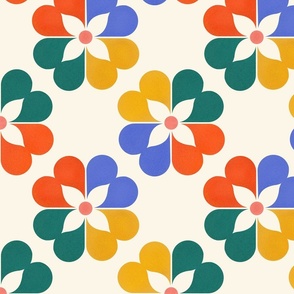 Retro Bloom In Blue, Green, Red And Yellow