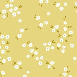 Meadow in Full Bloom – Muted Yellow Gold and Cream || Non-Directional Scattered Ditsy Flowers | Large