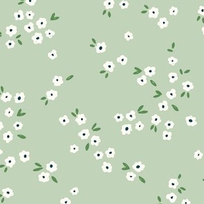 Meadow in Full Bloom – Pastel Mint Green || Non-Directional Scattered Ditsy Flowers | Large