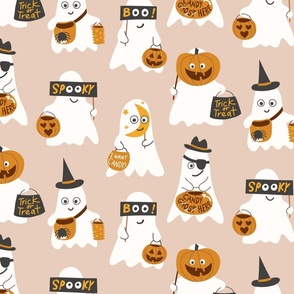 Cheeky Ghosts / big scale / light brown cute Halloween kids design ghosts out on the hunt for sweets and candy